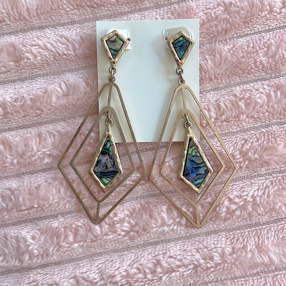 3/10$ Gold and blue/green geometric drop earrings